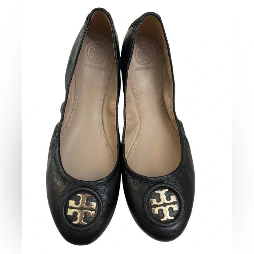 Tory Burch Black Flats with Gold Emblem